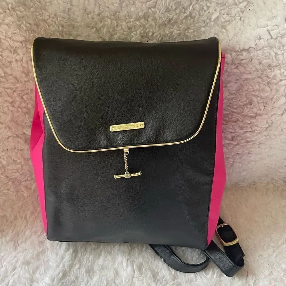 Juicy Couture hot pink and black faux leather expandable backpack
